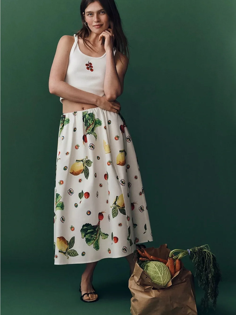 NWT Anthropologie Maeve Jacie Poplin Midi Skirt Harvest Vegetable Fruit XS